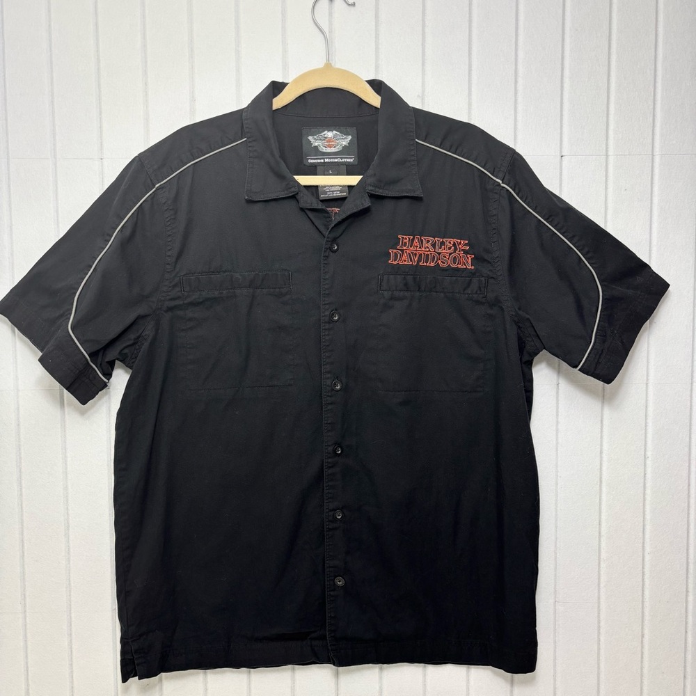 Harley Davidson Shirt Black Orange Button Up Biker Motorcycle Skull Logo size L